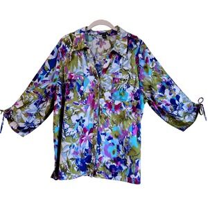 Erika Women 1X Floral Button Down Blouse 3/4 Tie Sleeve Cotton Rayon Multi-Color